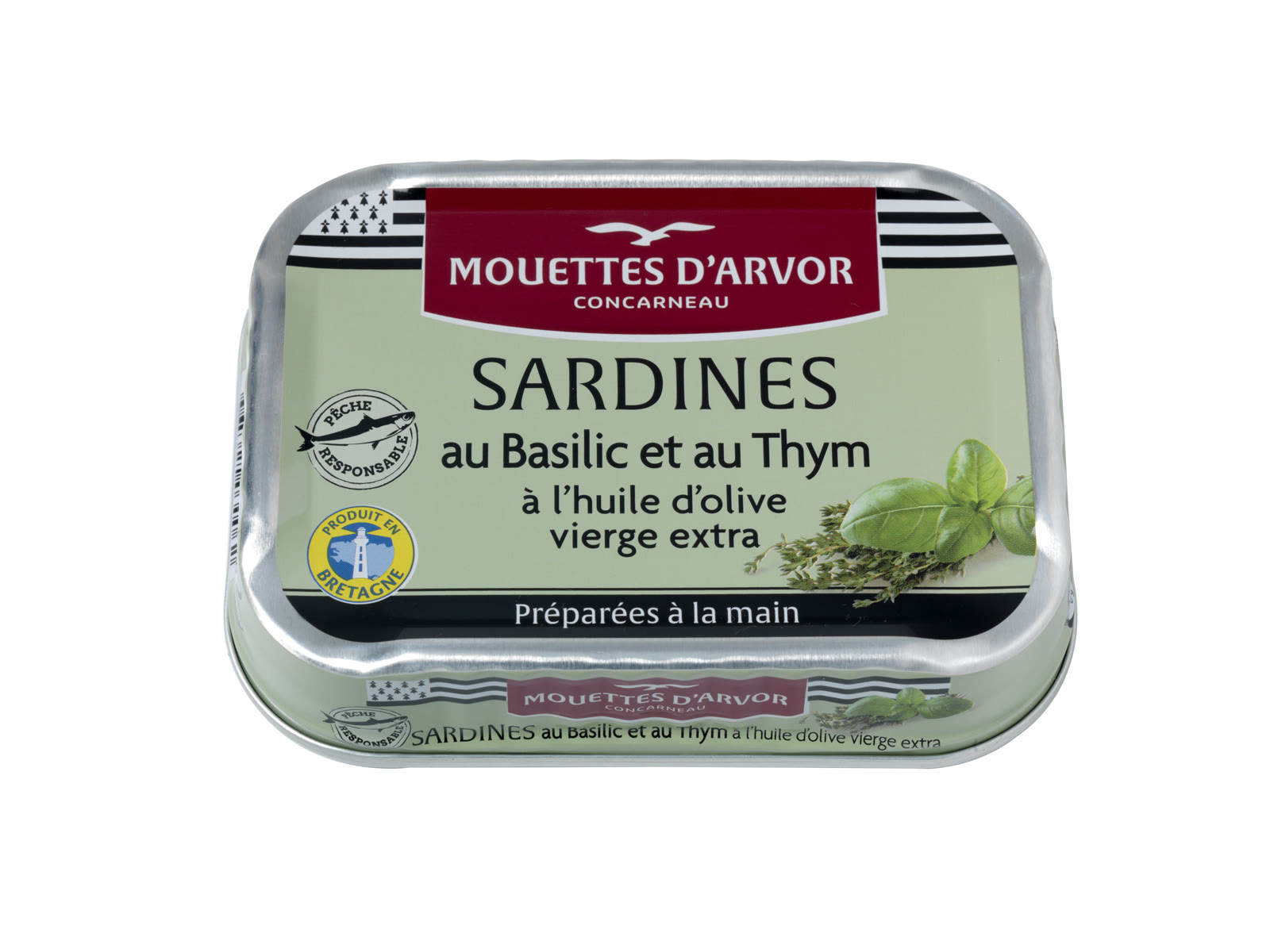 Mouettes d'Arvor sardines with basil and thyme in extra virgin olive oil tin