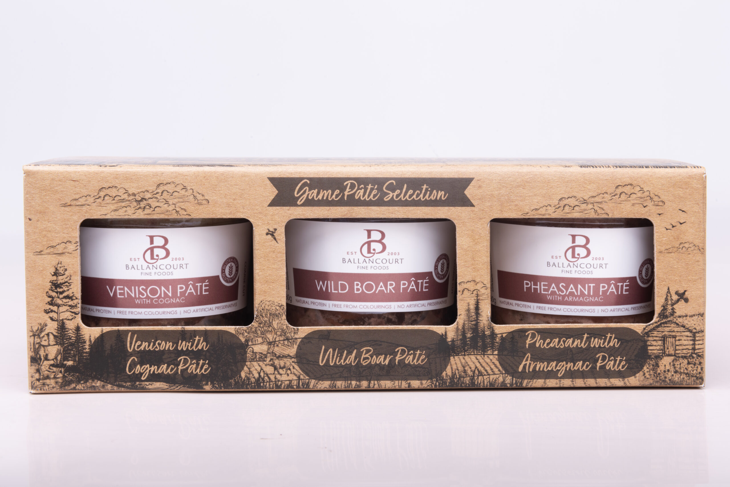 Ballancourt Game Pâté Selection Box with venison, wild boar and pheasant pâtés