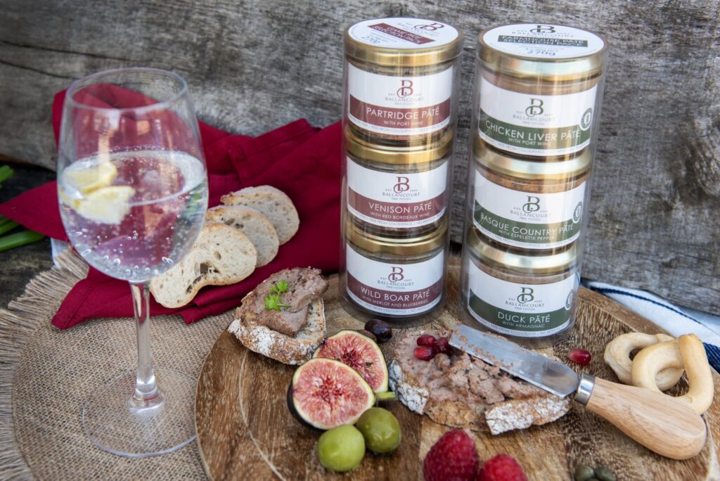 Ballancourt pâté selection boxes styled with bread, fruit and wine
